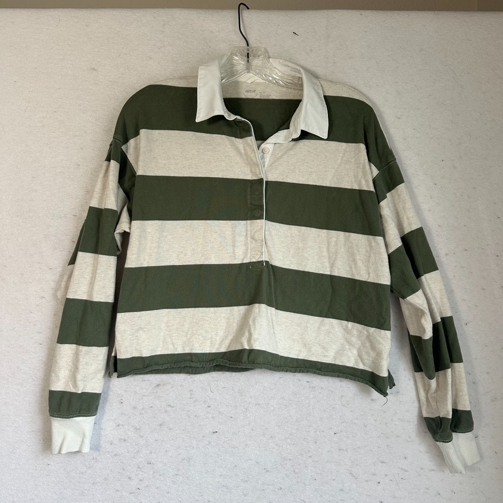 AERIE Striped sporty prep Rugby Cropped relaxed fit Top in green & cream SZ XS